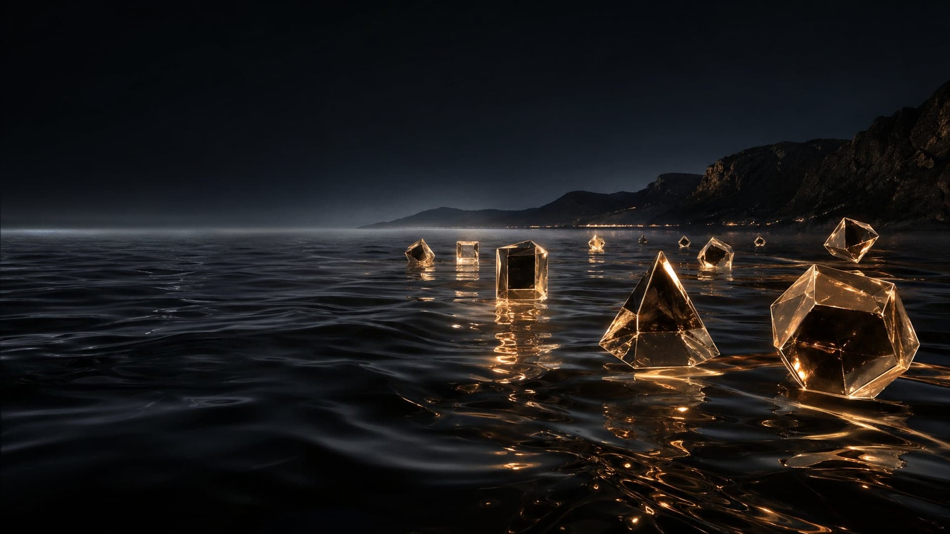 Holographic crystals floating over the Mediterranean off Mallorca — AI and Design Studio