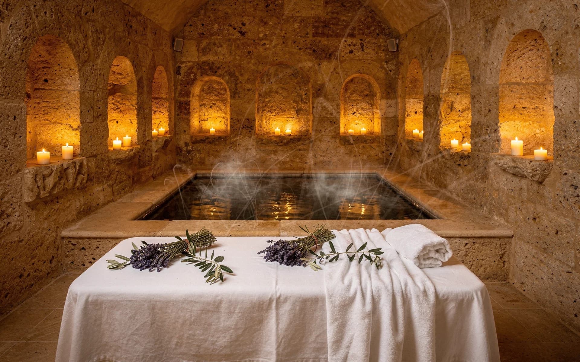 Can Serena spa — hammam with candles and olive branches