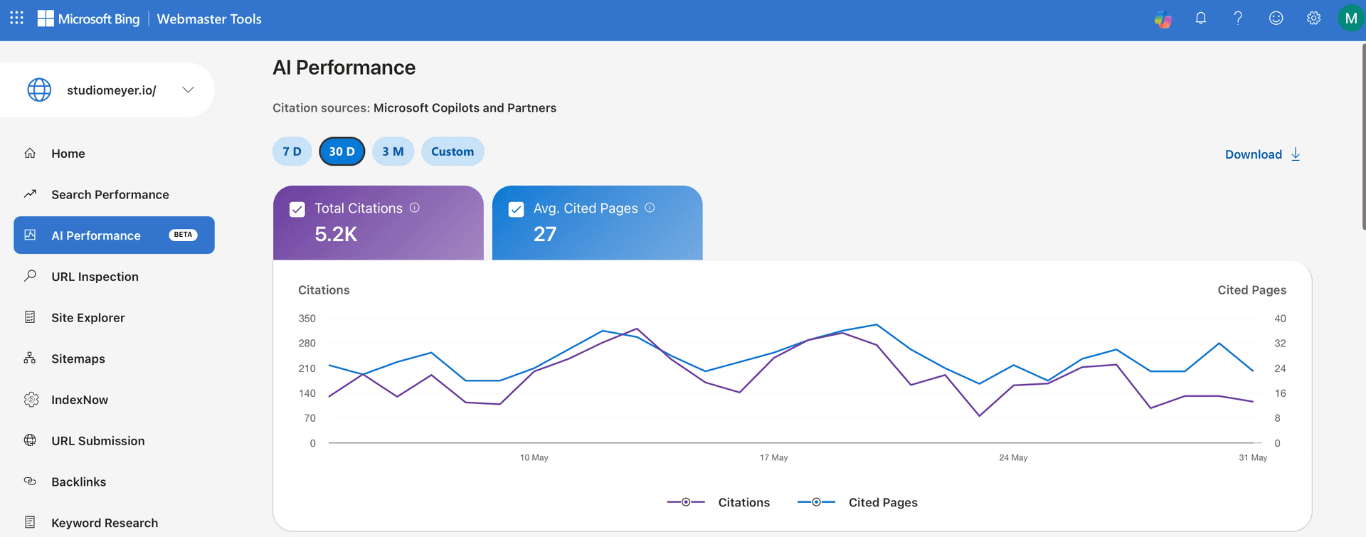 Bing Webmaster Tools: 5,200 AI citations for studiomeyer.io in 30 days, 7,200 in 3 months