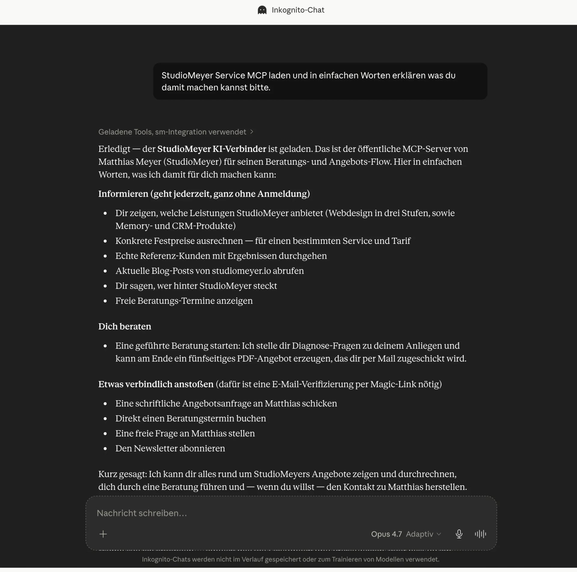 Chat de incognito de Claude en aleman: carga el conector IA de StudioMeyer y explica que puede informar, asesorar y comprometer.
