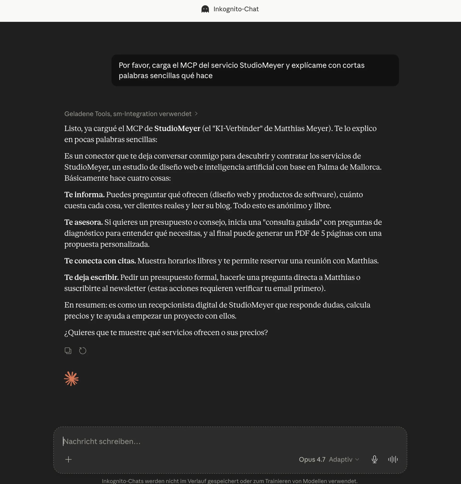 Chat de incognito de Claude en espanol: carga el MCP de StudioMeyer y explica cuatro funciones — te informa, te asesora, te conecta con citas, te deja escribir.