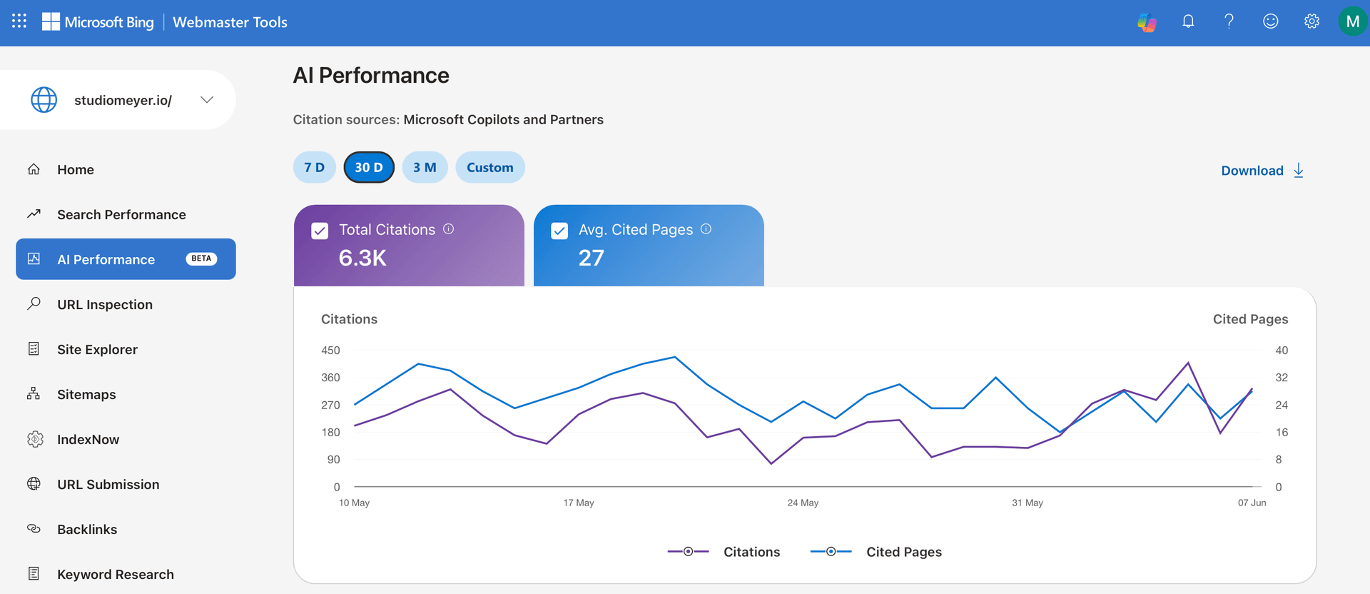 Bing Webmaster Tools: 6,300 AI citations for studiomeyer.io in 30 days, 9,200 in 3 months